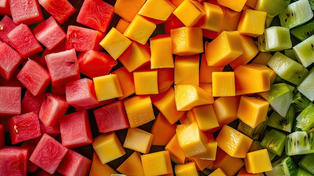 Reife Mangos und Wassermelonenwürfel Fruchtmangos Wassermelonen reife Würfel frisch geschnitten gekühlt Burst Geschmack lecker erfrischender Sommersnack tropisch erzeugt von KI