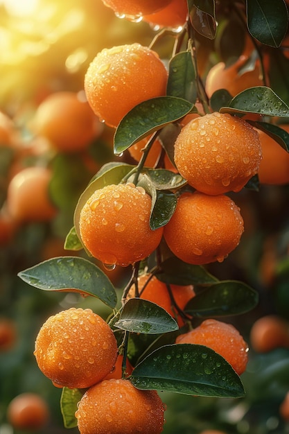 reife orangefarbene Mandarinen auf Zweigen in der Nähe von Tangerinenbäumen in einem Obstgarten