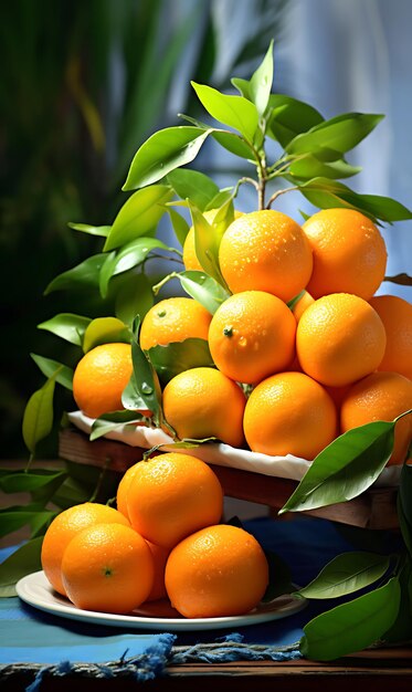 Reife Orangen mit grünen Blättern auf einem Holztisch