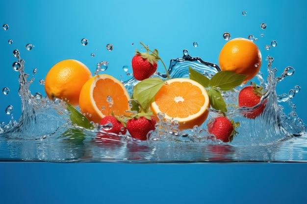 Reife Orangen und Erdbeeren gruppieren sich auf der Oberfläche und erzeugen erfrischende Wasserspritzer im blauen Hintergrund