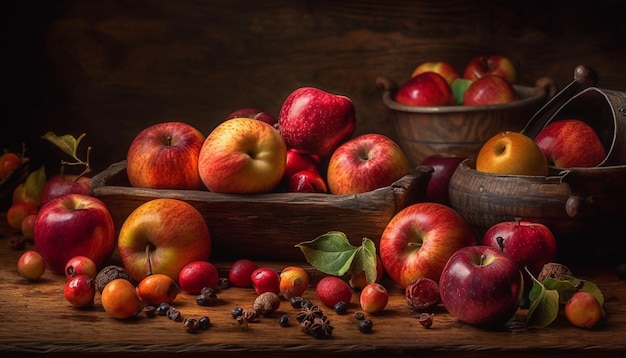 Reife Äpfel auf Holztisch Herbsternte in Hülle und Fülle, die von KI erzeugt wird
