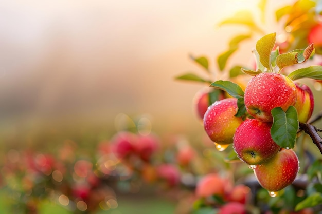 Reife Äpfel hängen an einem Baum in einem Apfelgarten