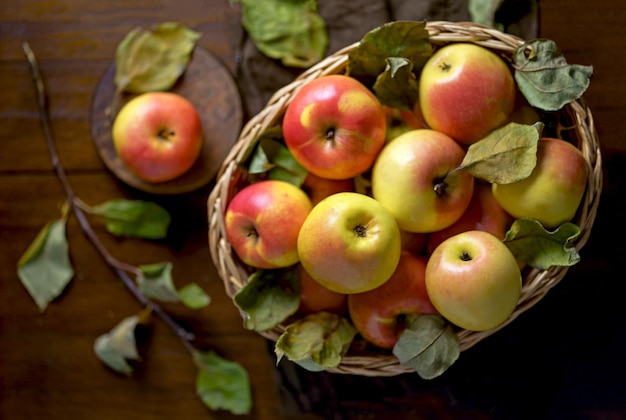Reife Äpfel in einem Korb mit Blättern um ihn herum