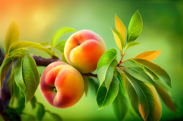 Reife Pfirsiche auf einem Ast mit Blättern im Garten Generative AI