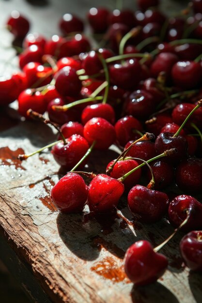 Foto reife rote kirschen auf einem holztisch selektive fokussierung