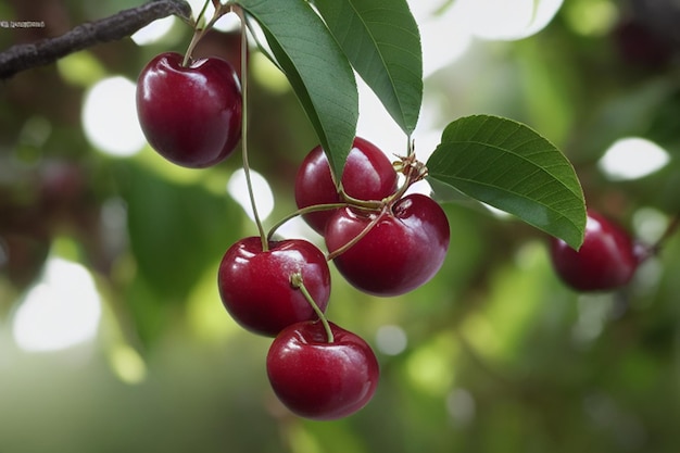 Reife rote Kirschen, die an einem Baum im Garten hängen, generative KI