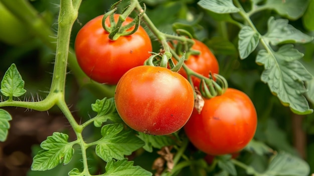 Reife rote Tomaten auf dem grünen Laubhintergrund hängen an der Rebe eines Tomatenbaums im Garten