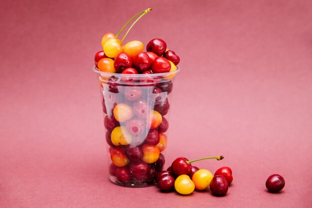 Reife rote und gelbe Kirschen in einem Plastikbecher auf rosafarbenem Hintergrund. leichter Snack.