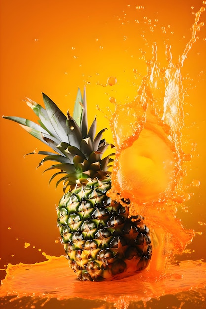 Reife saftige Ananas mit Wasser- oder Saftspritzern auf orangefarbenem Hintergrund Generative AI