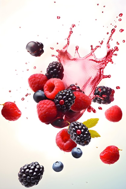 Reife saftige Beeren mit Spritzern Wassertropfen oder Saft auf weißem Hintergrund Generative AI