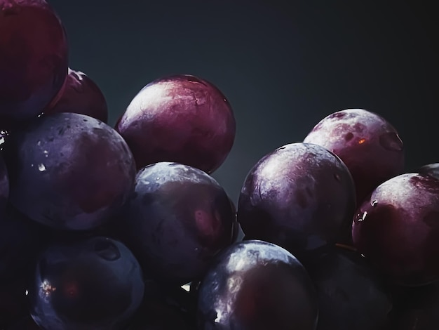 Reife saftige dunkle Trauben auf hölzernen Tischlebensmitteln und Weinbiofrüchten
