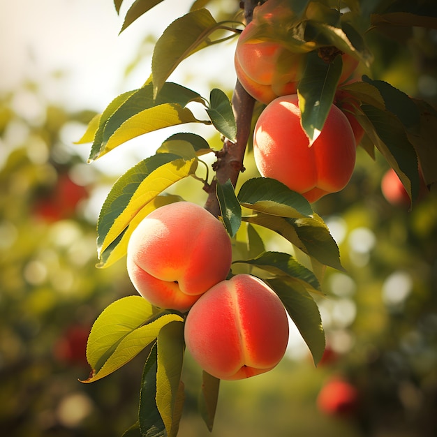 Reife, saftige Früchte von Pfirsichen hängen an einem Zweig eines Pfirsichbaums in einem sonnigen Garten, Zeit zur Ernte