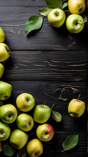 Reife, saftige grüne Äpfel sind auf einer schwarzen Holztafel verstreut.