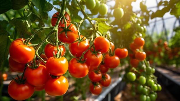 Reife, saftige rote Tomaten im Gewächshaus