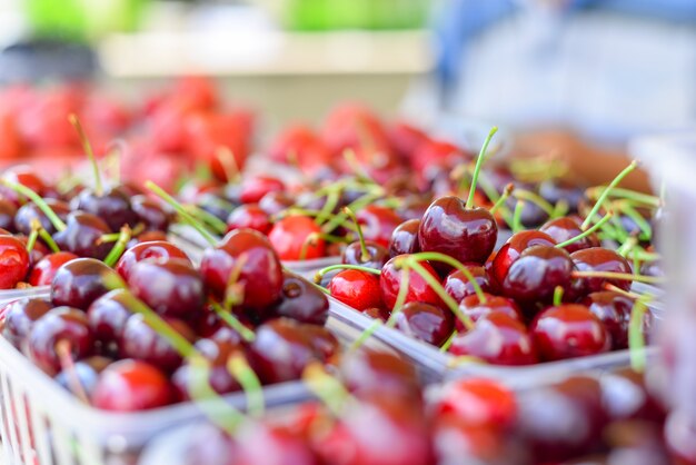 Reife schwarze Kirschen und Erdbeeren in Plastikbox