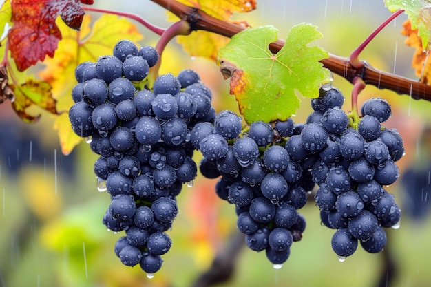 Reife schwarze Trauben in einem Weinberg an einem regnerischen Tag