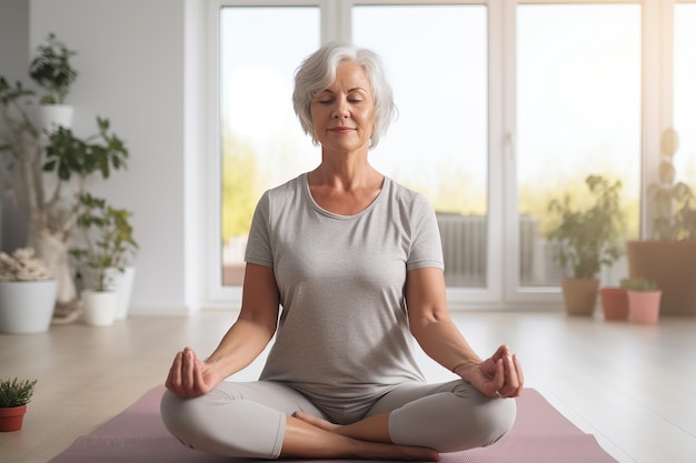 Reife Seniorin praktiziert zu Hause Yoga Generative KI