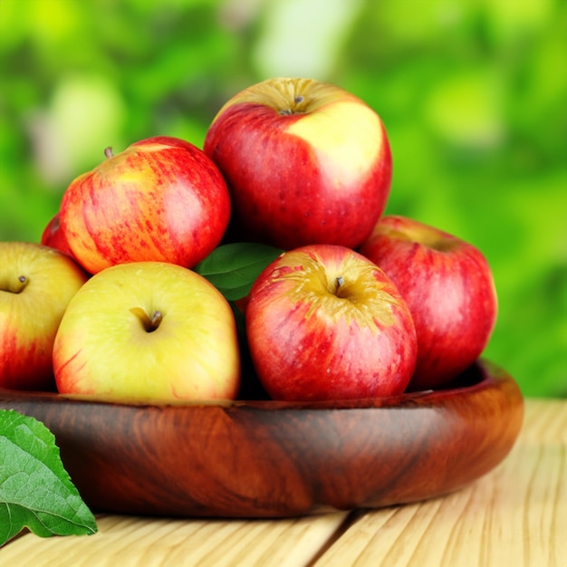 Reife süße Äpfel mit Blättern in einer Holzschüssel auf Naturgrund