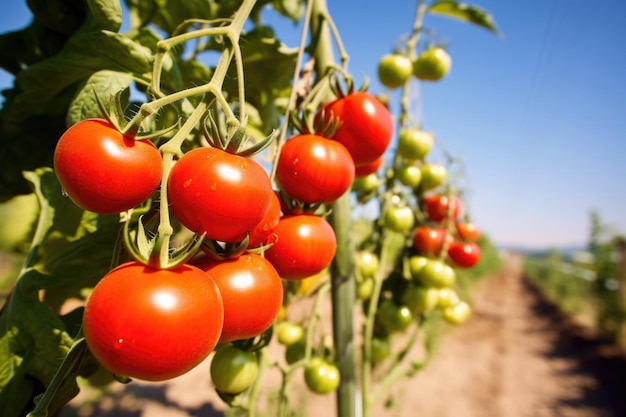 Reife Tomaten am Weinstock unter dem Sonnenlicht