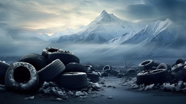 Reifen und Schnee stapeln sich vor den Bergen, Schneelandschaft, Winterbestand