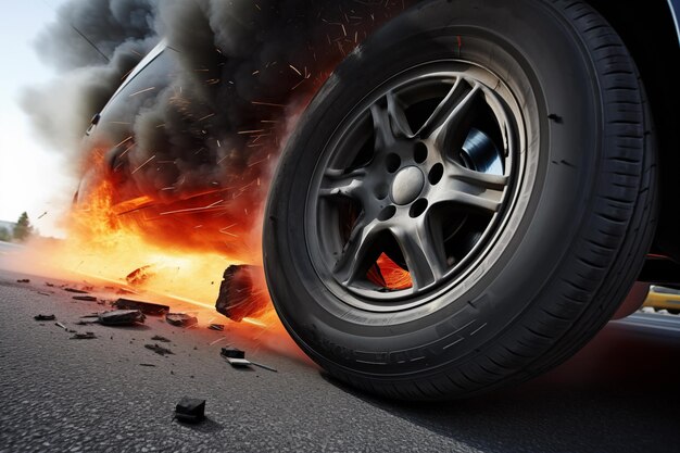 Reifenausbruch, der ein Auto außer Kontrolle bringt und eine Kollision mit entgegenkommendem Verkehr knapp vermeidet Generative KI