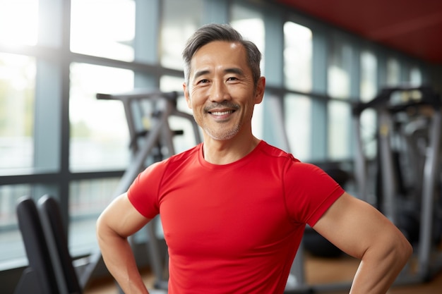 Reifer asiatischer Fitnesstrainer im roten Tanktop mit aufgeregtem Gesichtsausdruck