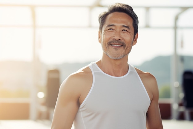 Reifer asiatischer Personal Trainer im weißen Tanktop mit aufgeregtem Gesichtsausdruck