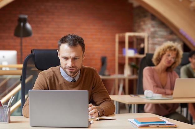 Reifer Geschäftsmann, der an seinem Arbeitsplatz sitzt und auf den Monitor des Laptops schaut, konzentriert sich auf seine Arbeit mit seinen Kollegen