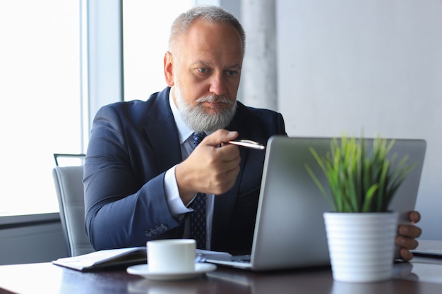 Reifer Geschäftsmann, der Dokument auf Laptop in seinem modernen Büro bei der Arbeit sucht und analysiert.