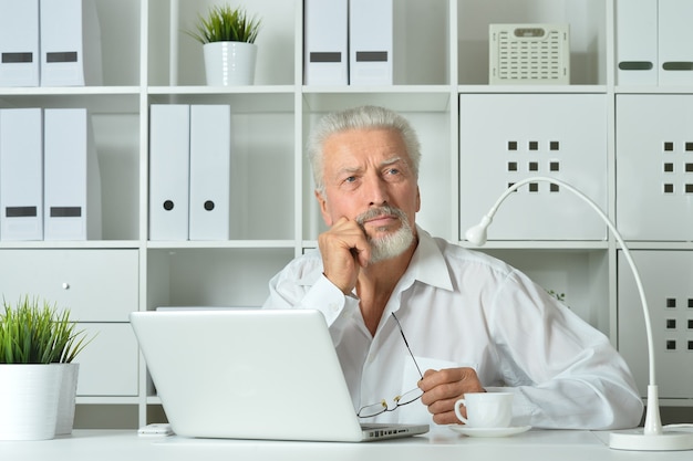 Reifer Geschäftsmann, der mit Laptop im Büro arbeitet