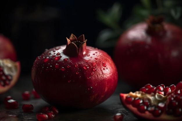 Reifer Granatapfel mit saftigen Kernen auf altem Holztisch. Neuronales Netzwerk KI generiert