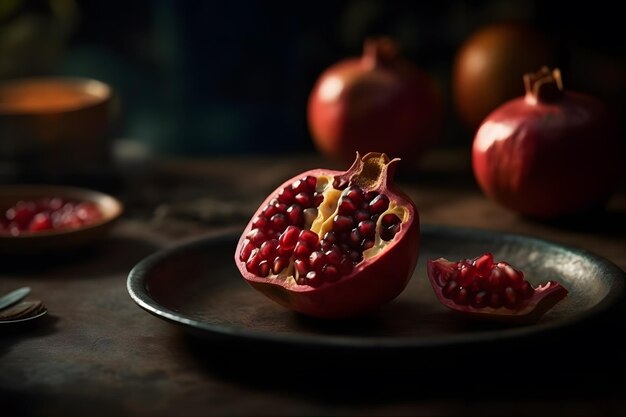 Reifer Granatapfel mit saftigen Kernen auf altem Holztisch. Neuronales Netzwerk KI generiert