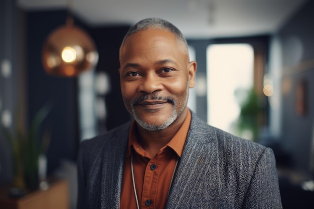 Reifer, intelligenter afroamerikanischer Geschäftsmann mit lächelndem Gesicht vor verschwommenem Hintergrund der kreativen, farbenfrohen Büroinnenarchitektur Generative AI AIG20
