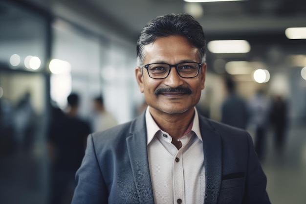 Reifer, intelligenter indischer Geschäftsmann mit lächelndem Gesicht vor verschwommenem Hintergrund des geschäftigen Büros Generative AI AIG20