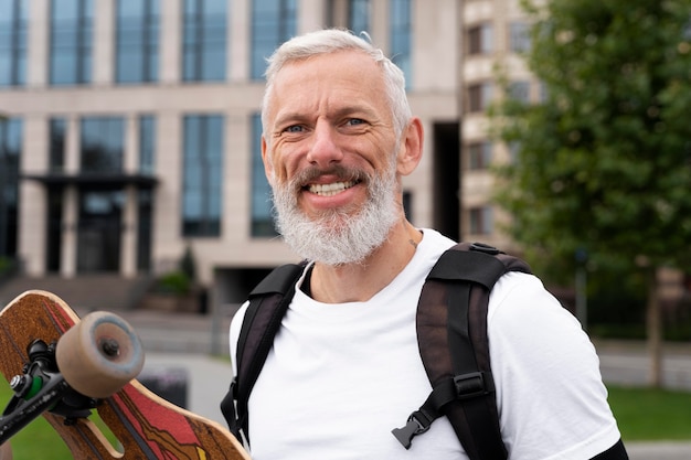 Foto reifer mann mit nachhaltigem mobilitätsskateboard