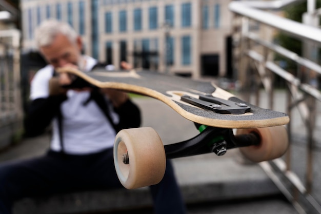 Reifer Mann mit nachhaltigem Mobilitätsskateboard