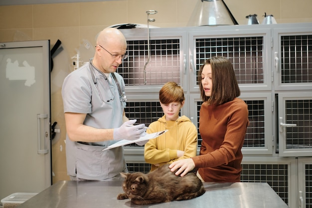 Reifer Tierarzt in Uniform, der Haustiere in der Tierklinik behandelt. Er erklärt der Frau die Behandlungsmethoden