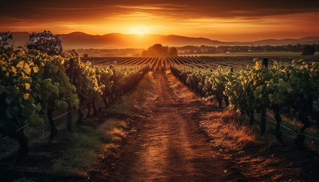 Reifer Weingarten in idyllischer italienischer Landschaft im Morgengrauen, erzeugt durch künstliche Intelligenz