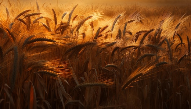 Reifer Weizen leuchtet goldfarben im Sommersonnenuntergang, der von KI erzeugt wird