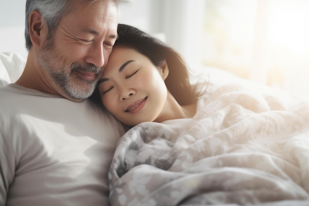 Reifes asiatisches romantisches Paar schläft und umarmt sich im Bett, bedeckt mit einer Decke