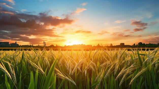 Reifes Reisfeld und Himmelshintergrund bei Sonnenuntergang mit Sonnenstrahlenbild