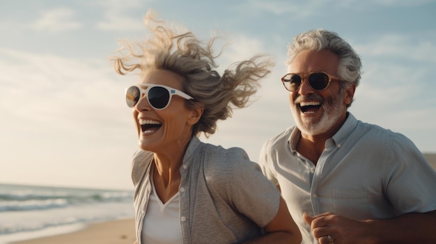 Reifes, stilvolles Seniorenpaar mit Brille läuft am Strand entlang