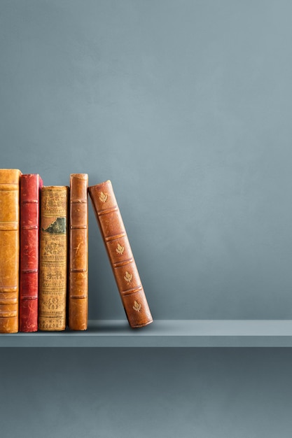 Reihe alter Bücher auf grauem Regal. Vertikale Hintergrundszene