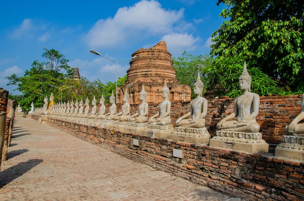 Reihe der Buddha-Statue mit herum der Pagode im Tempel von Thailand