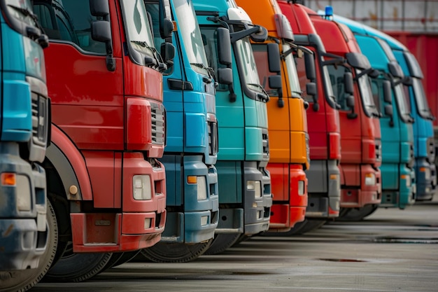 Reihe farbenfroher Lastwagen, die auf dem Parkplatz geparkt sind