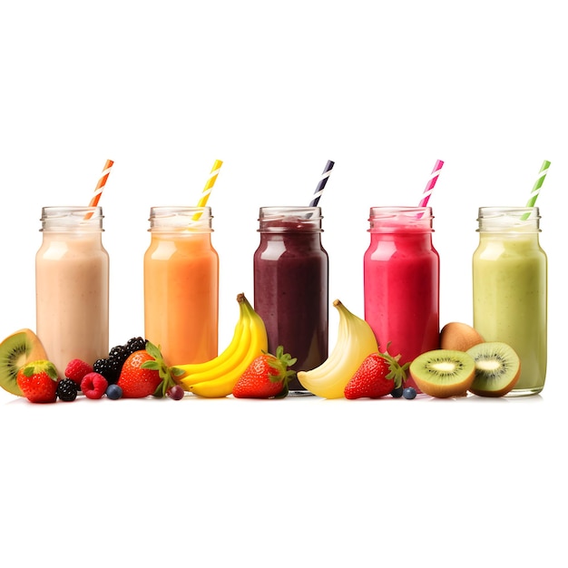 Reihe gesunder Smoothies aus frischem Obst und Gemüse mit verschiedenen Zutaten, serviert in Glasflaschen