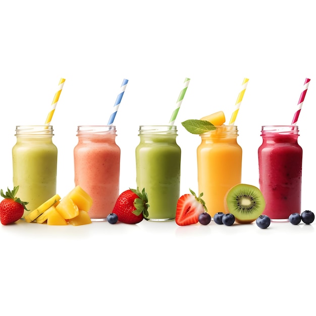 Reihe gesunder Smoothies aus frischem Obst und Gemüse mit verschiedenen Zutaten, serviert in Glasflaschen