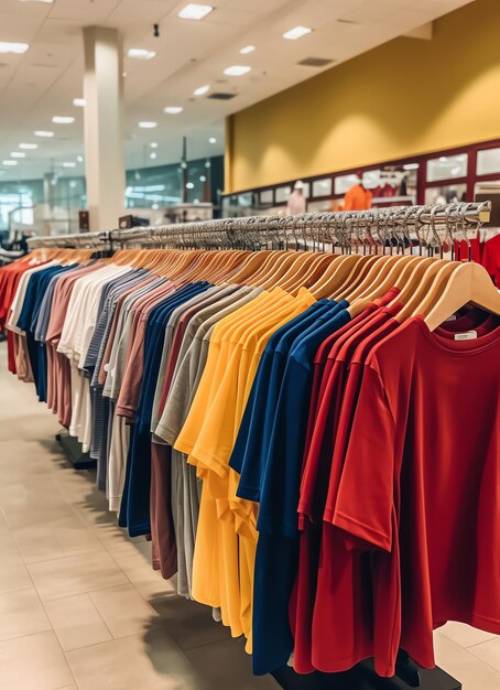 Reihe modischer Polo-T-Shirts für Herren auf einem hölzernen Kleiderbügel oder Regal in einem Bekleidungsboutique-Einzelhandelsgeschäft