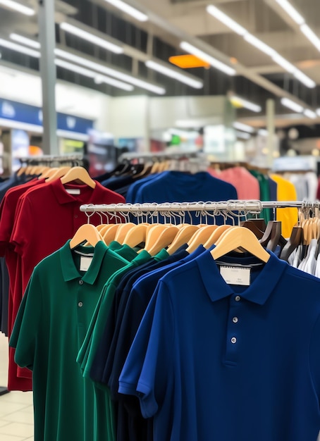 Reihe modischer Polo-T-Shirts für Herren auf einem hölzernen Kleiderbügel oder Regal in einem Bekleidungsboutique-Einzelhandelsgeschäft