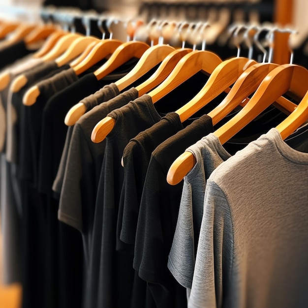 Reihe modischer Polo-T-Shirts für Herren auf einem hölzernen Kleiderbügel oder Regal in einem Bekleidungsboutique-Einzelhandelsgeschäft